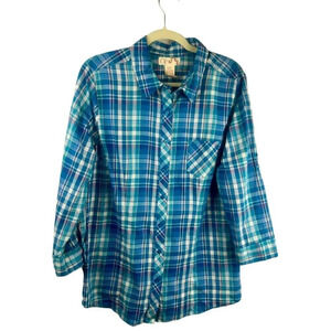 OP Ocean Pacific Button Down Shirt Women Jr 17 XL Blue Plaid Roll Tab Sleeve